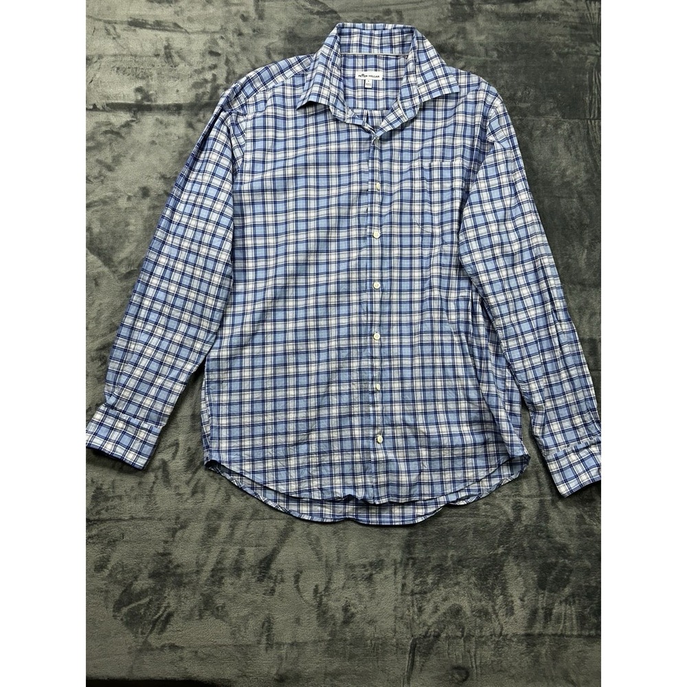 Peter‎ Millar Summer Dress Shirt Men's Large White Blue Plaid Long Sleeve